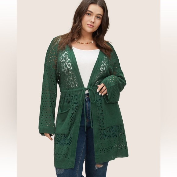 BloomChic Plus Size  3XL Solid Drawstring Pocket Hollow Out Cardigan - Picture 1 of 8